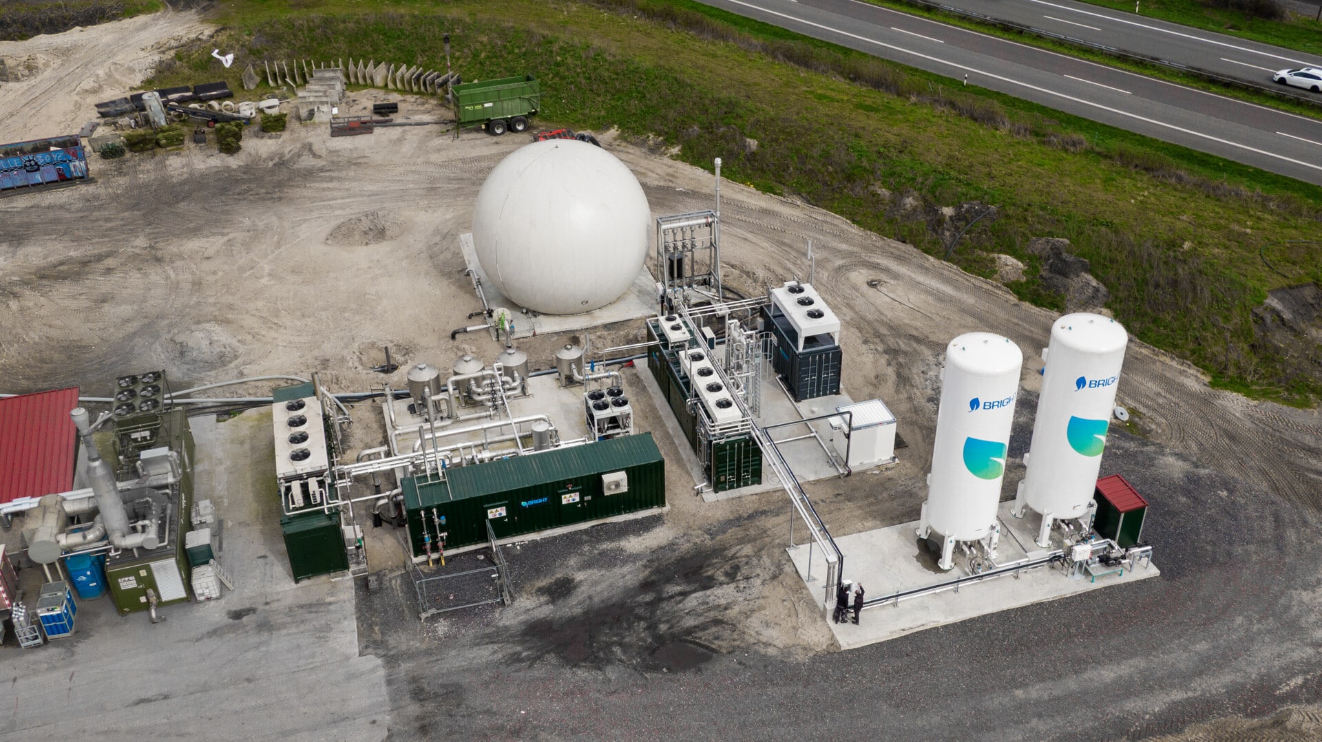 Aerial view of Bright Renewables biogas upgrading and CO2 liquefaction plant in Heek, Germany